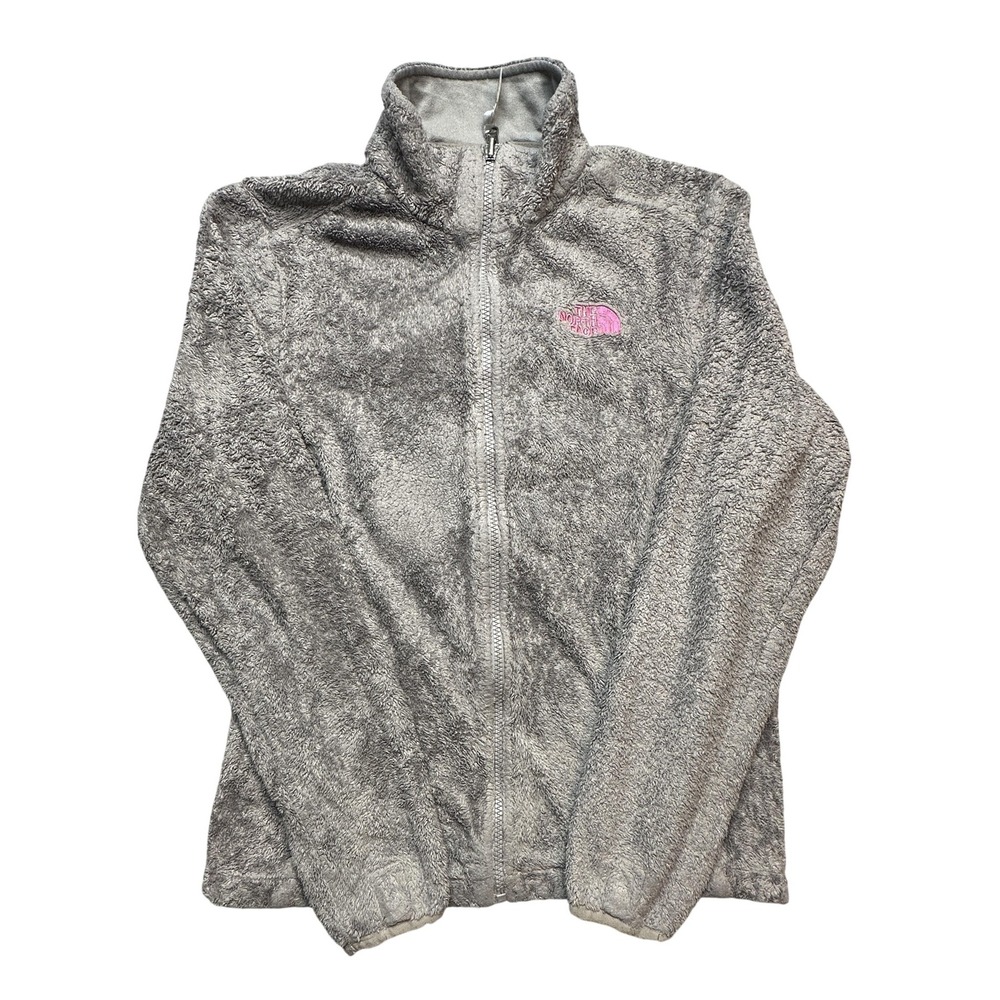 The North Face Jacket Womens Small Gray Fuzzy Fleece‎ Full Zip Pink Ribbon Cozy